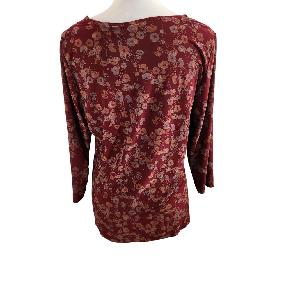 Susan Graver Burgundy Floral 3/4 Sleeve Sequin Top Size Medium Fall Autumn Shirt - Picture 3 of 8